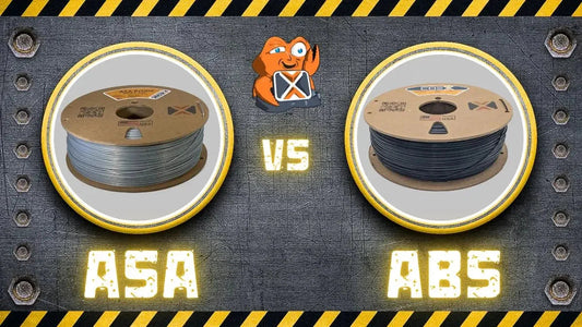 ASA vs ABS 3D printer filament spools on industrial background, comparison graphic