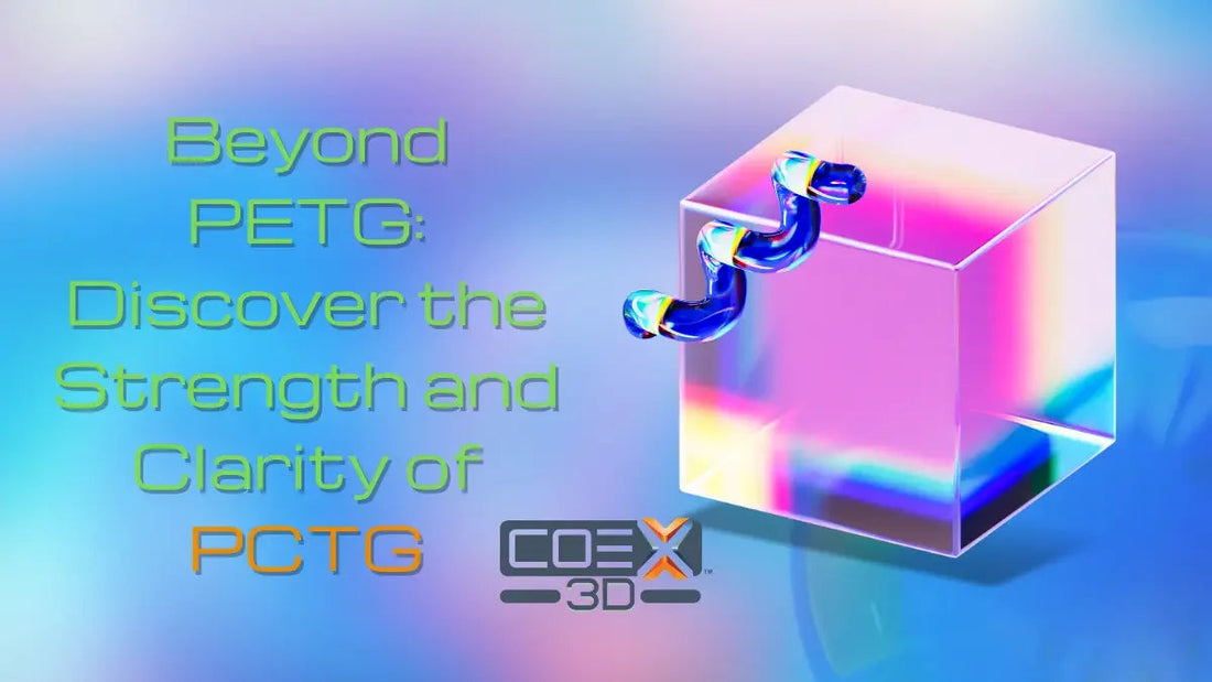 Colorful cube and spiral with text promoting PCTG strength and clarity, COEX 3D logo