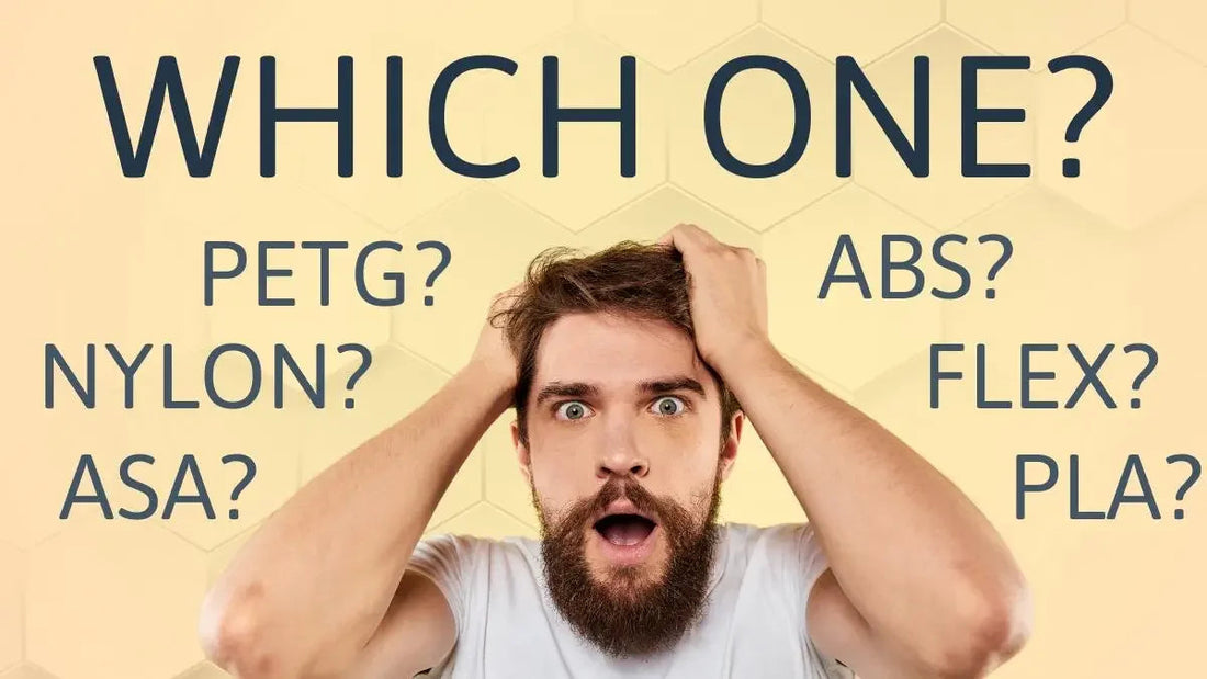 Confused man holding head, text lists 3D printing filaments: PLA, ABS, PETG, NYLON, ASA, FLEX.