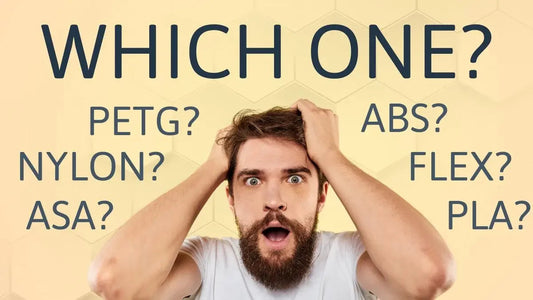 Confused man holding head, text lists 3D printing filaments: PLA, ABS, PETG, NYLON, ASA, FLEX.