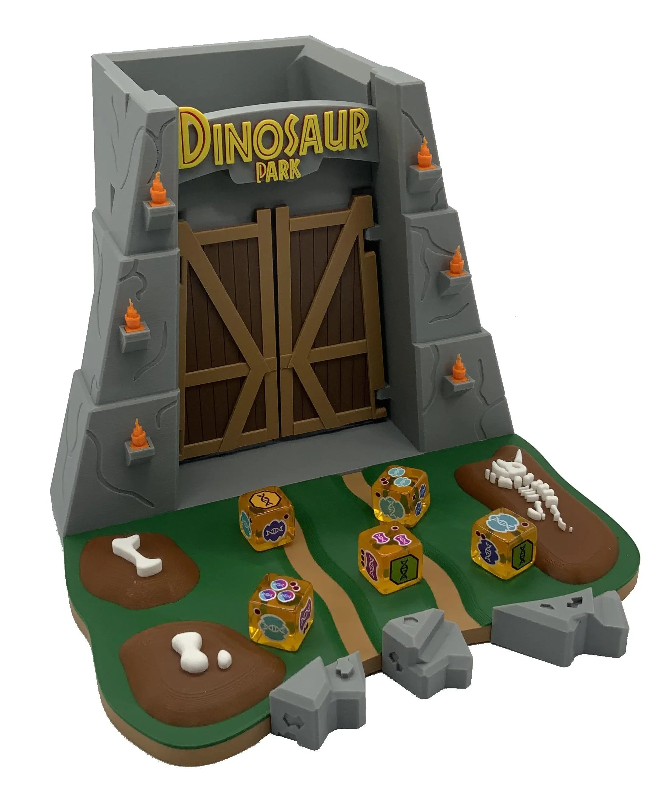 Dinosaur Park board game accessory with dice, fossils, and themed gate setting.