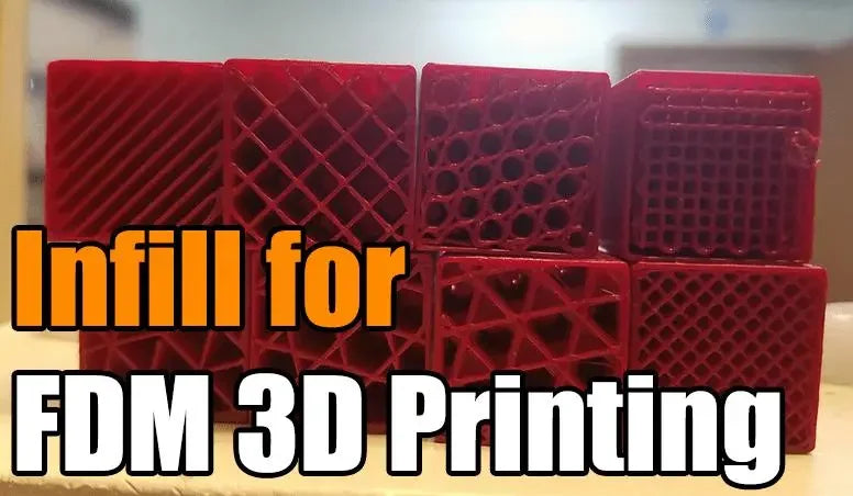 Red 3D-printed infill pattern samples for FDM 3D printing on a table with text overlay.