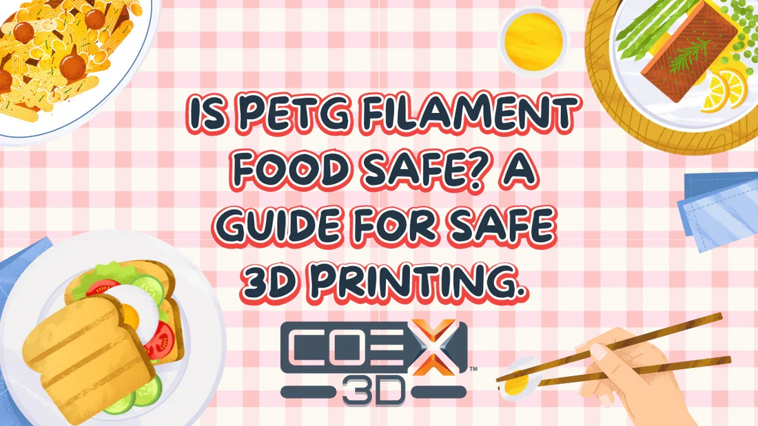 Text 'Is PETG Filament Food Safe? A Guide for Safe 3D Printing', food illustrations, checkered tablecloth