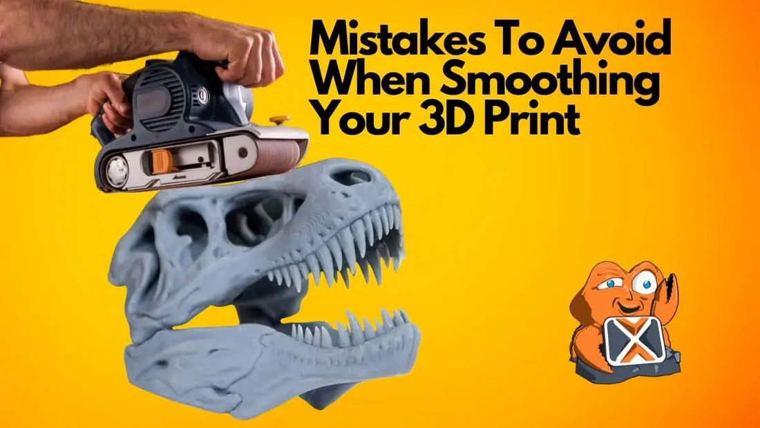 Man using belt sander on 3D printed dinosaur skull with text about 3D print smoothing mistakes