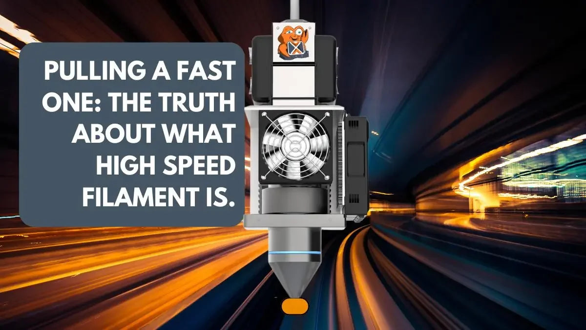 3D printer extruder with fan and sticker, high-speed light trails background, high speed filament topic