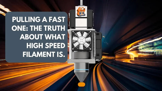 3D printer extruder with fan and sticker, high-speed light trails background, high speed filament topic