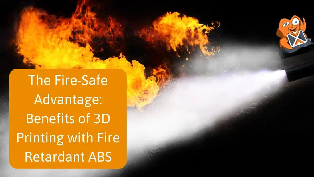 Fire being extinguished by a foam spray, with text on fire-retardant ABS 3D printing benefits.