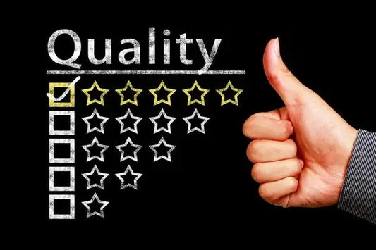 Quality rating chart with gold stars and a thumbs up on black background