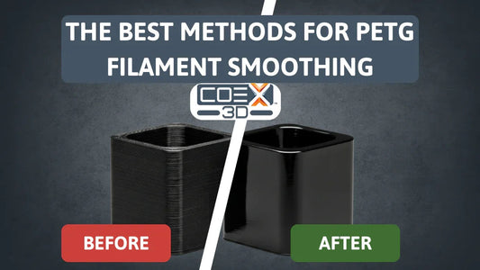 PETG filament smoothing before and after comparison with text and 3D printed cubes.