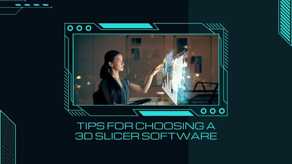 Woman using futuristic 3D slicer software at computer, digital interface, tech workspace