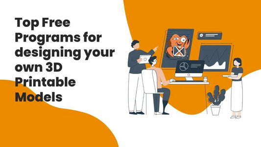 People designing 3D printable models on computers with the text 'Top Free Programs for designing your own 3D Printable Models'