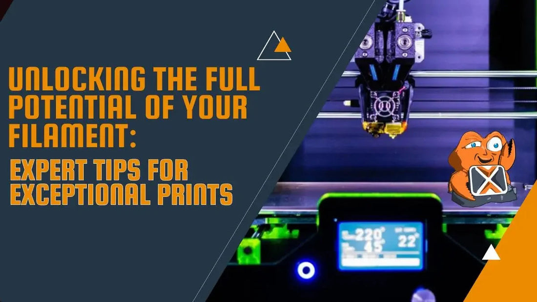 3D printer in action with extrusion head, digital screen, and filament tips banner