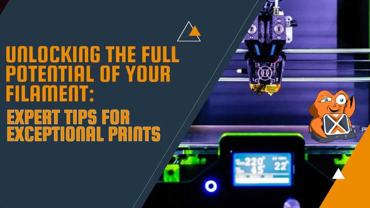 3D printer in action with extrusion head, digital screen, and filament tips banner