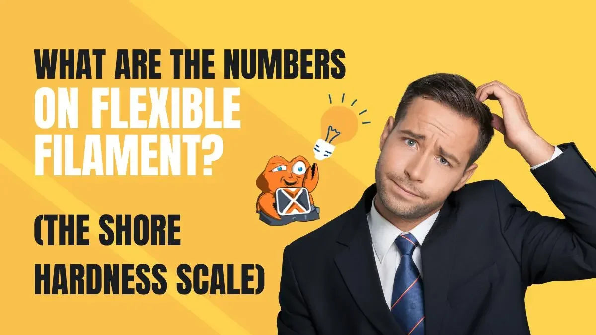 Man in suit scratching head, text about flexible filament Shore hardness scale, yellow background