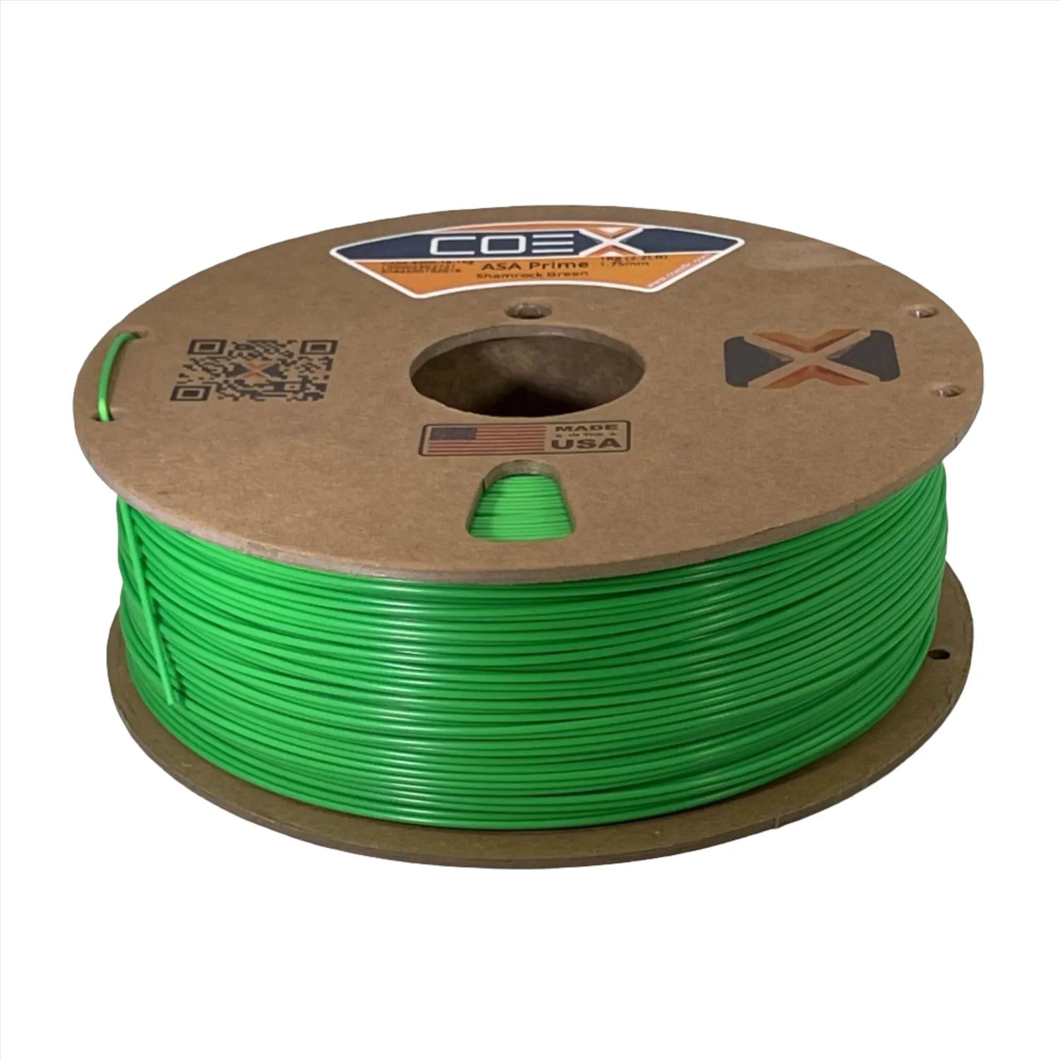 Green ASA Prime COEX 3D printer filament spool with cardboard reel, made in USA label