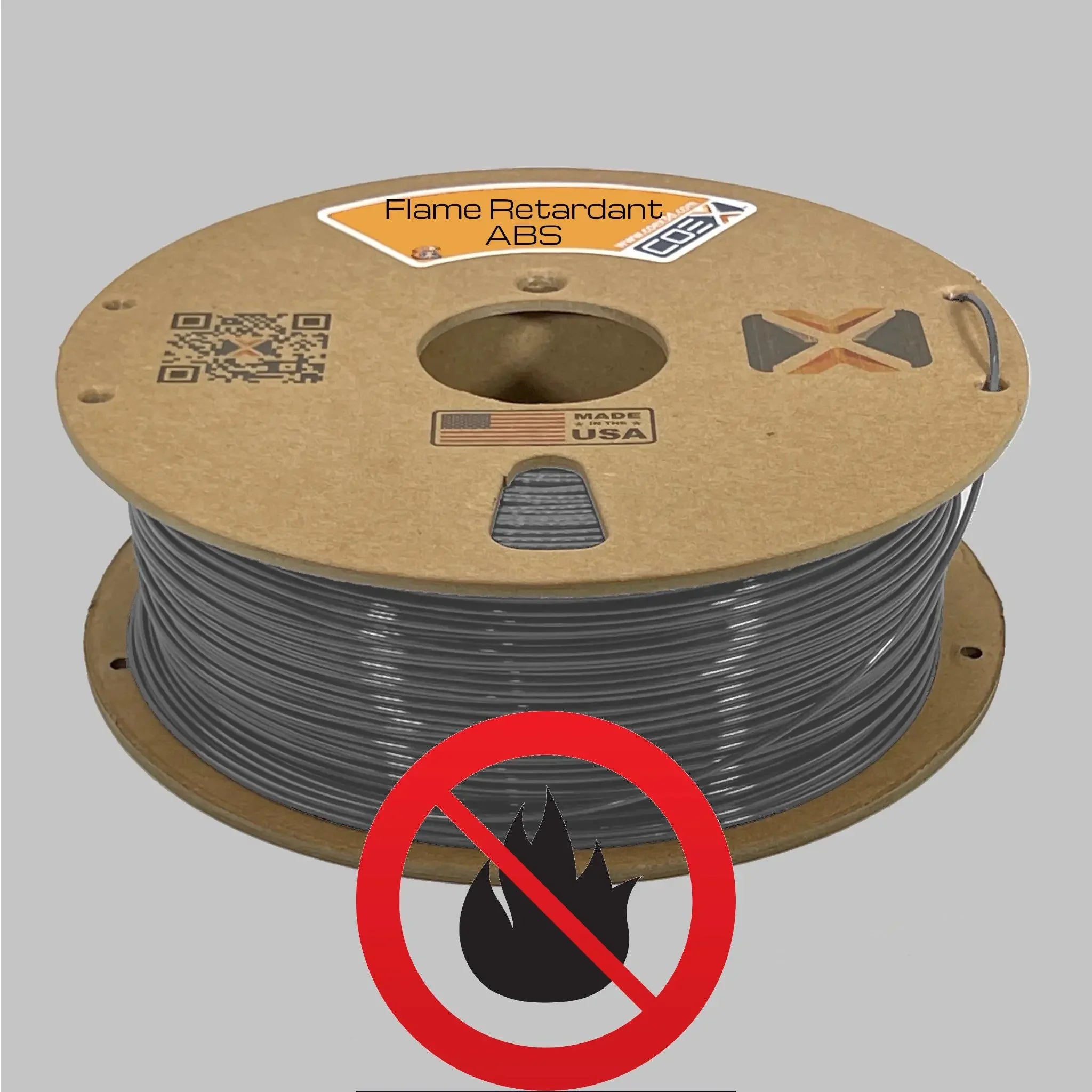 Flame retardant ABS 3D printer filament spool with anti-flame symbol, made in USA