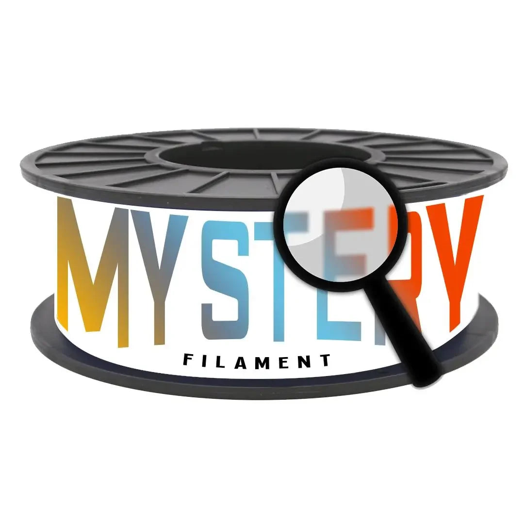 Mystery 3D printer filament spool with color gradient label and magnifying glass graphic