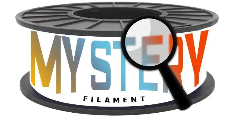 Mystery 3D printer filament spool with magnifying glass, colorful text label