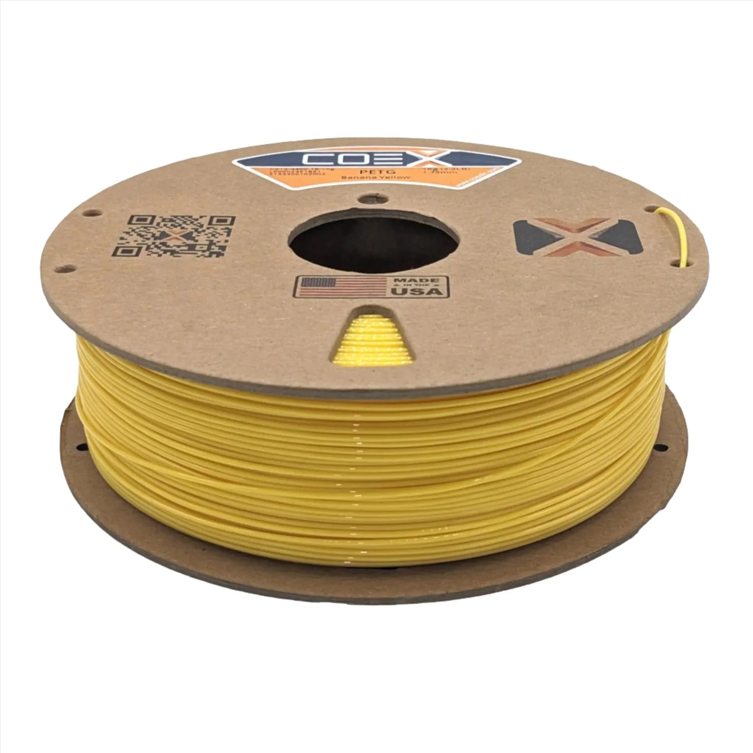COEX 3D yellow PETG filament spool for 3D printers, USA made, on white background