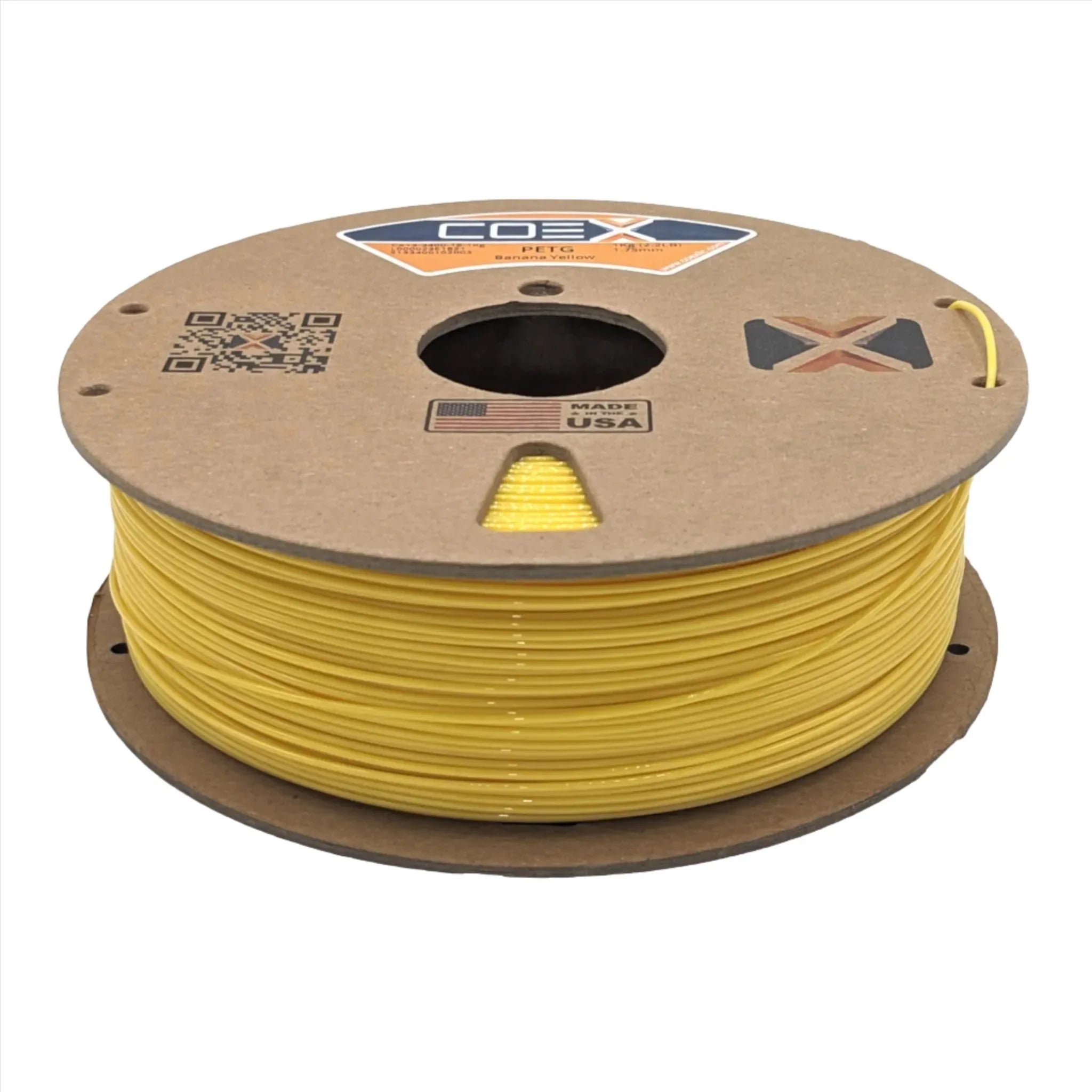COEX 3D yellow PETG filament spool for 3D printers, USA made, on white background