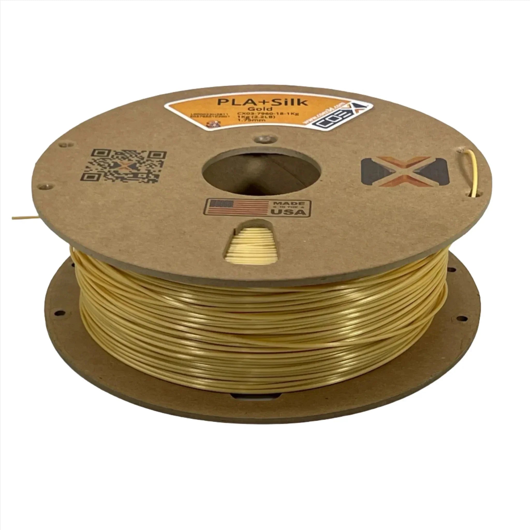 Gold PLA silk 3D printer filament spool with cardboard reel, made in USA