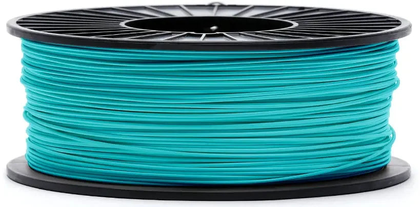 Aqua blue ABS 3D printer filament spool on a black plastic reel
