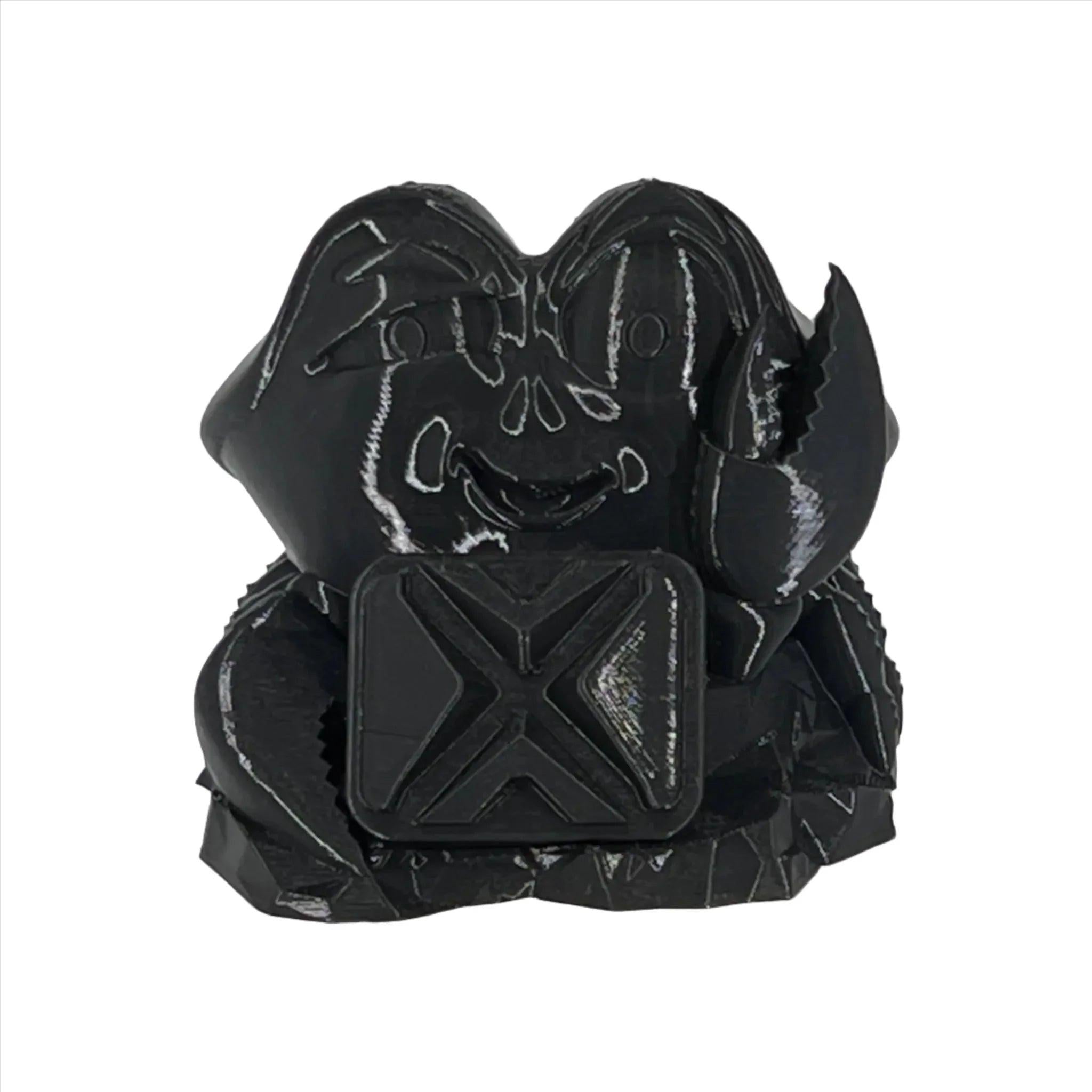 Black 3D printed ABS plastic model with detailed cartoon crab design and visible print lines