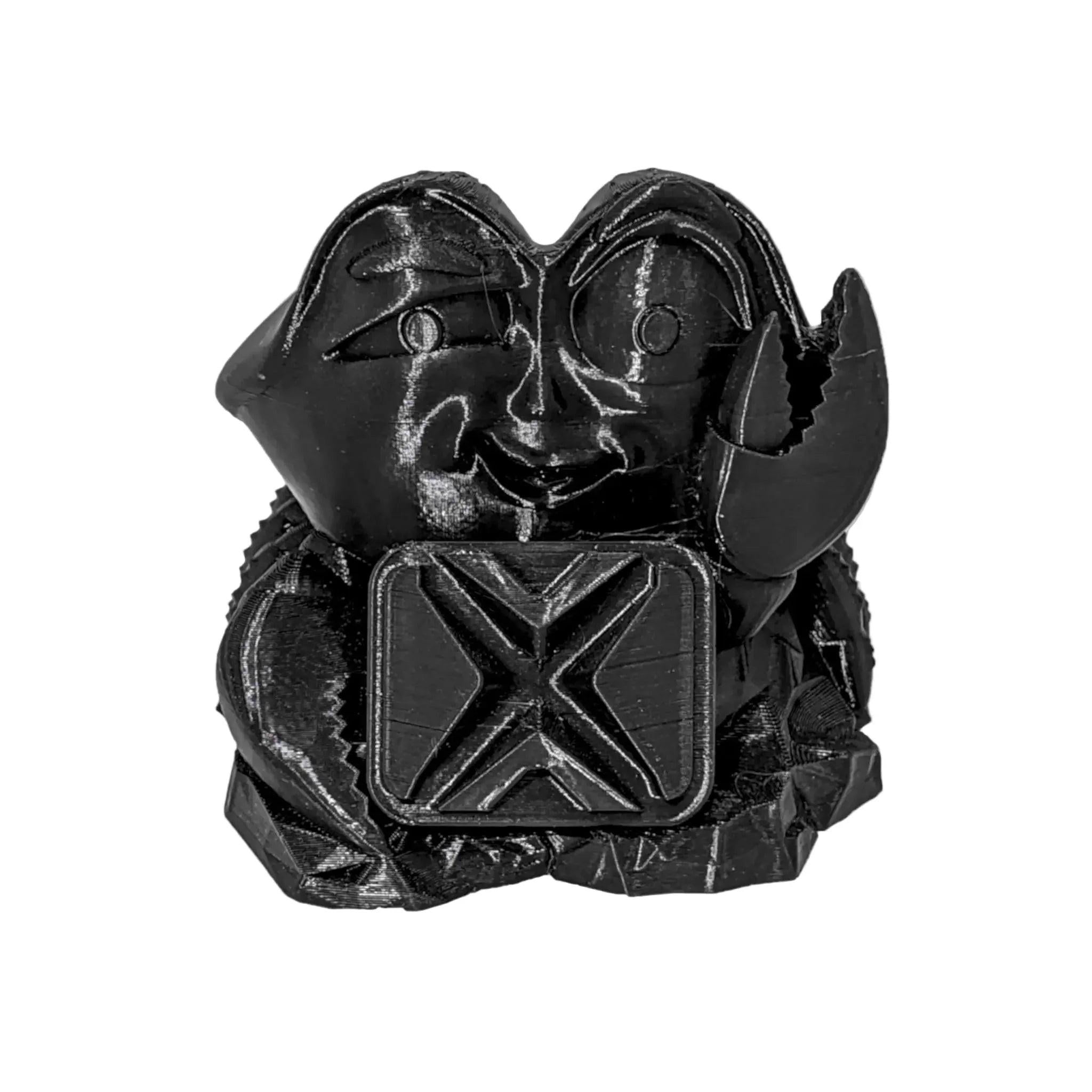 Black 3D printed crab figurine with cartoon face, made from PLA Prime filament
