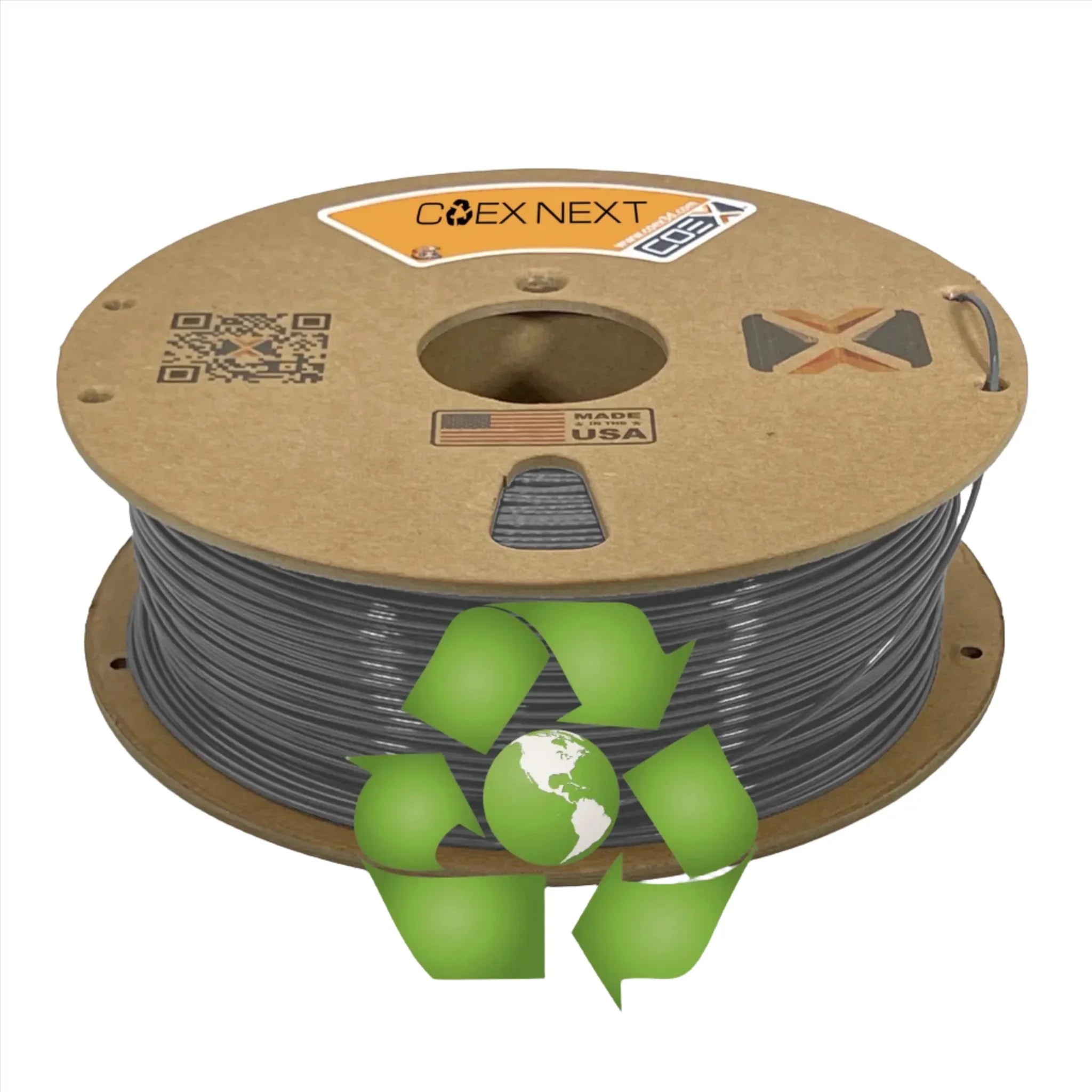 COEX NEXT 3D printer filament spool with recycle symbol, Made in USA, brown cardboard reel.