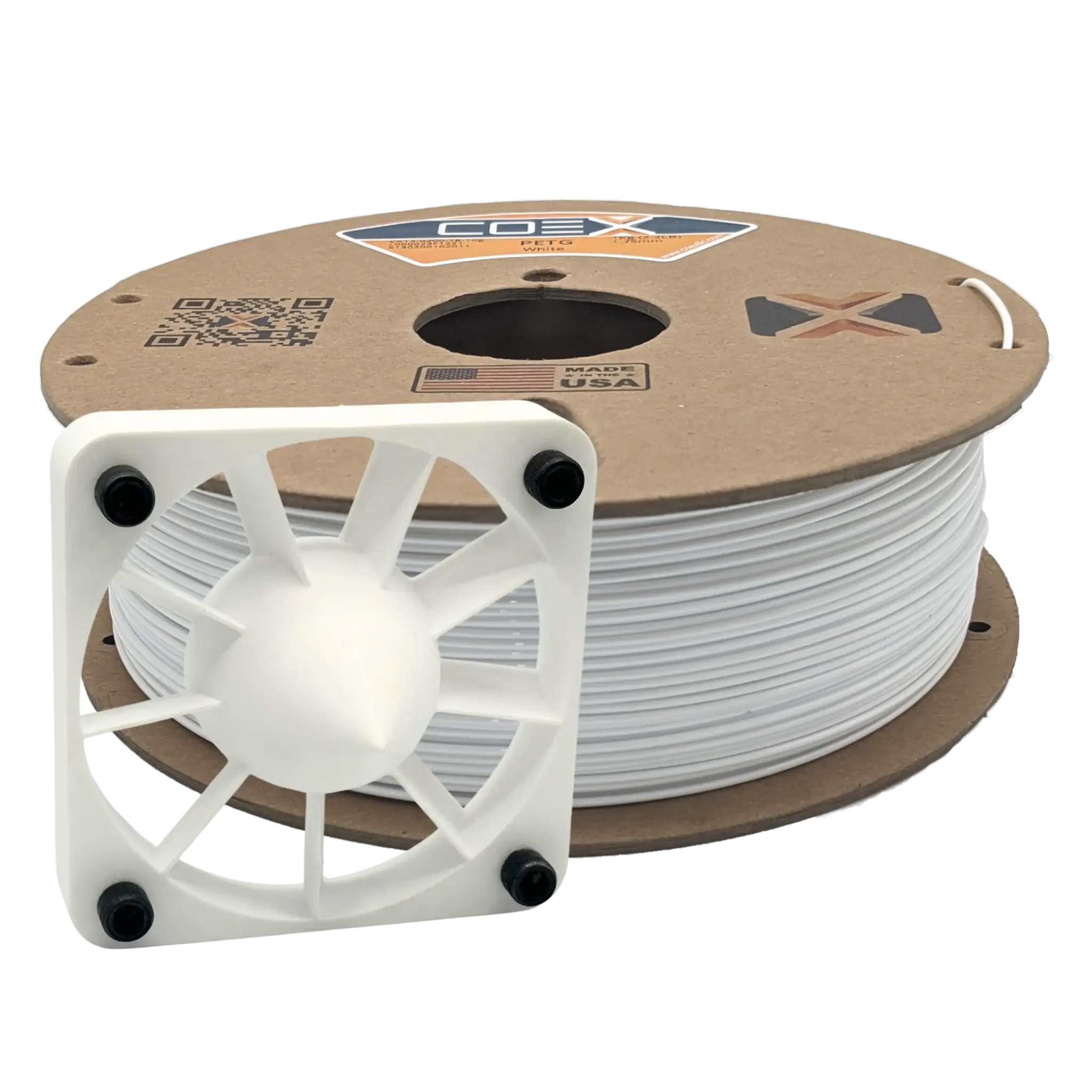 White PCTG 3D printer filament spool with 3D printed fan cover, COEX brand, made in USA