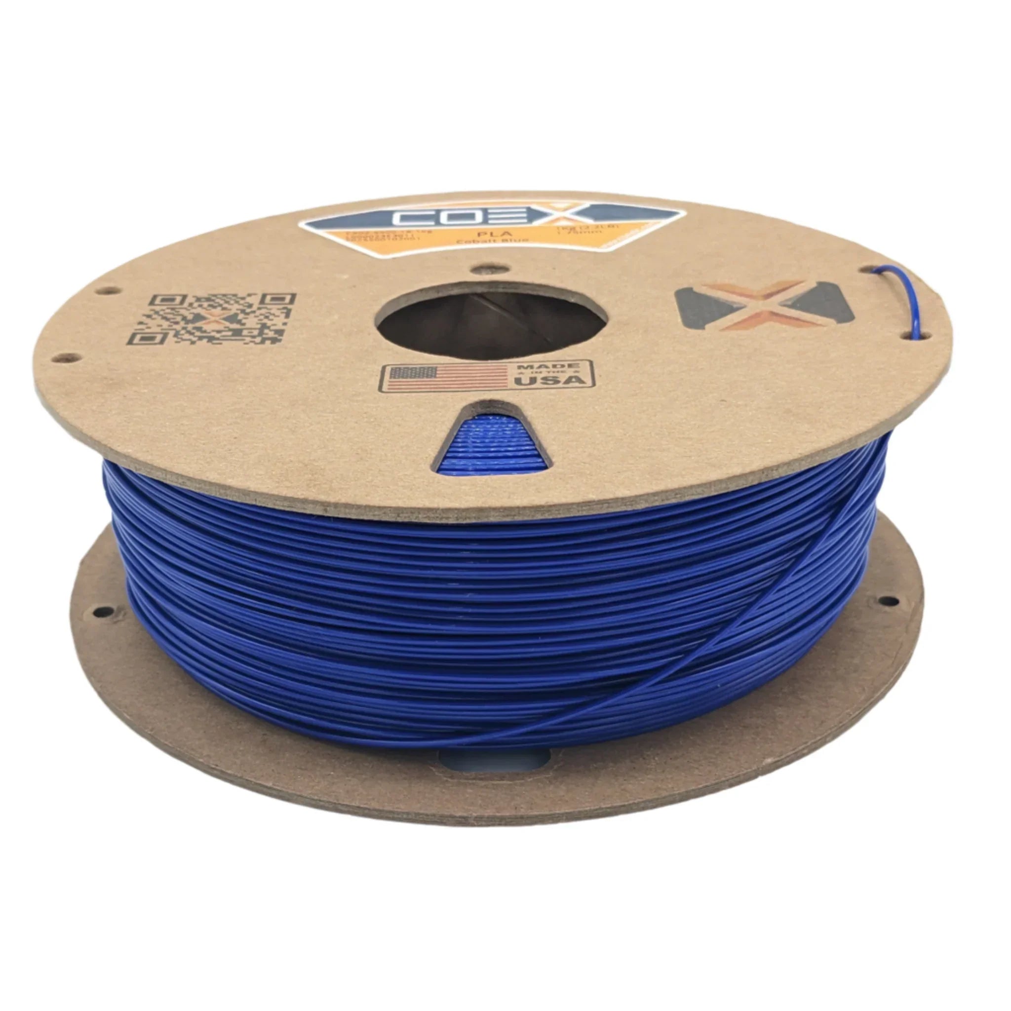 Cobalt blue 3D printer filament spool with cardboard reel, labeled COEX, Made in USA.