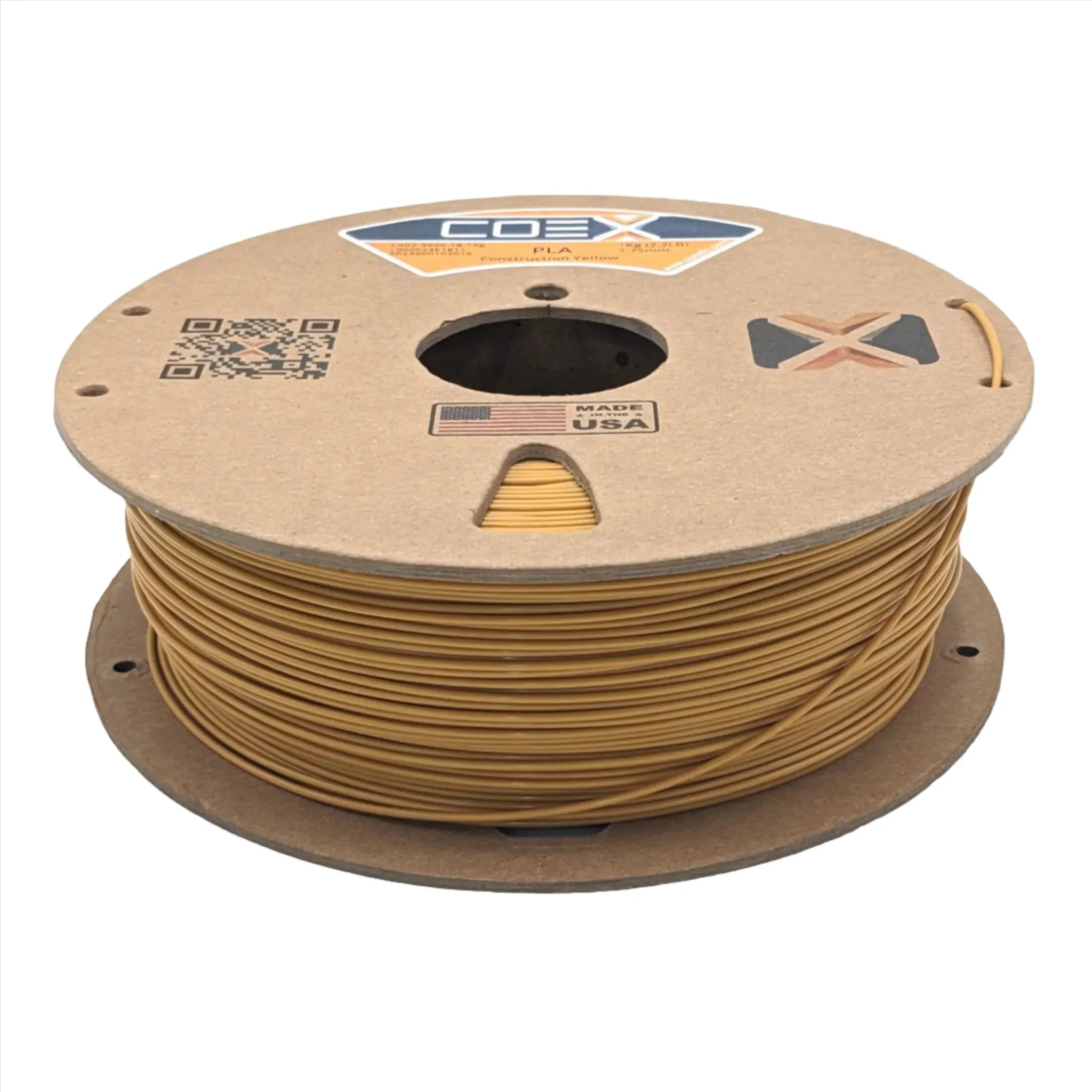 Construction yellow PLA 3D printer filament spool with cardboard packaging