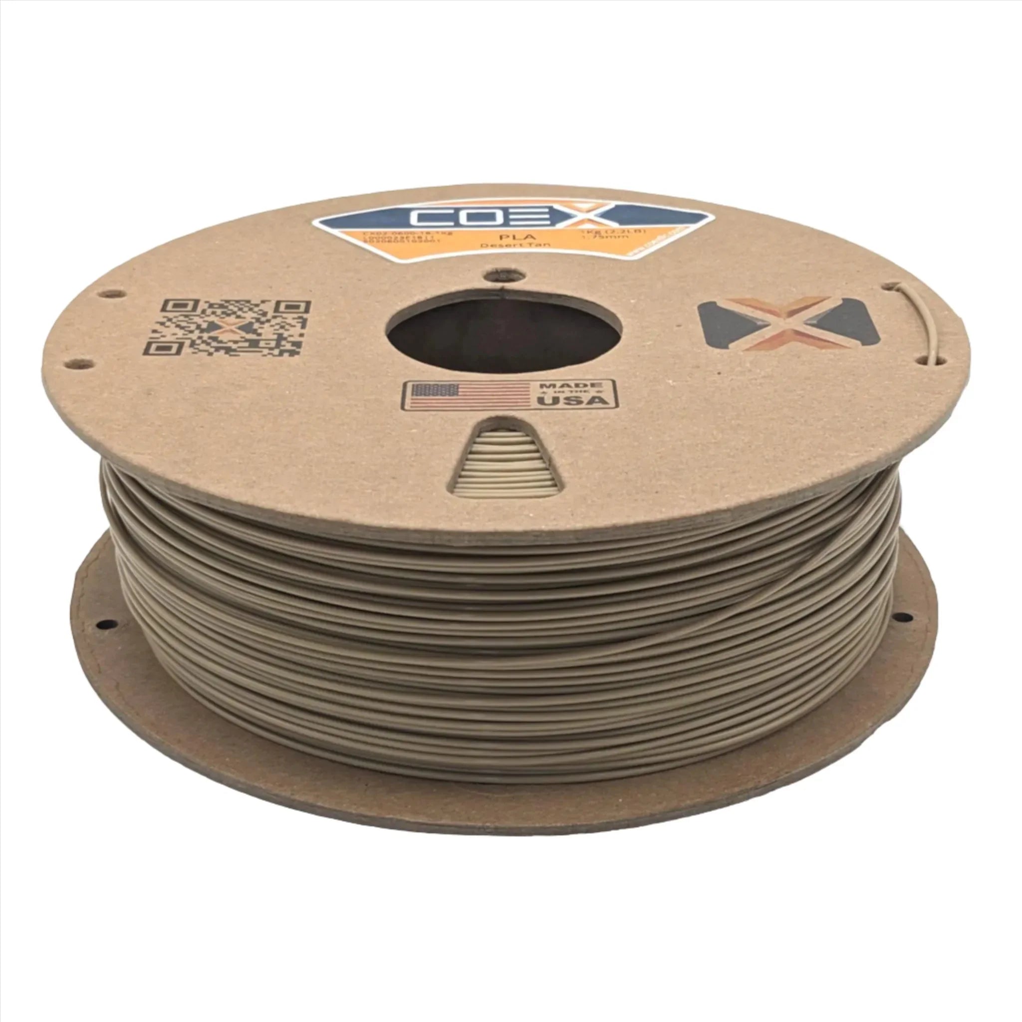 Desert Tan PLA 3D printer filament spool, COEX3D, cardboard reel, Made in USA label