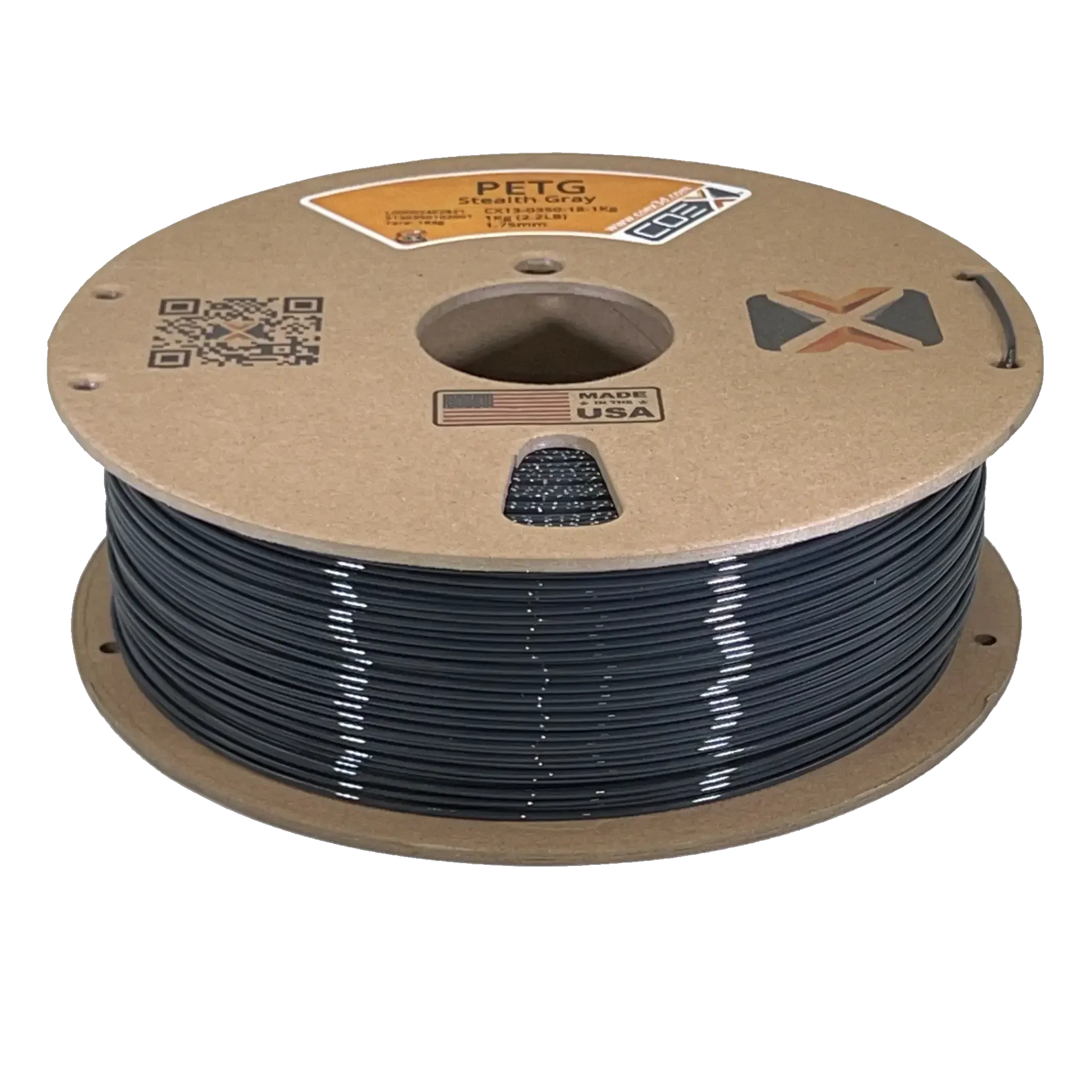 Stealth gray PETG 3D printer filament spool on cardboard reel, made in USA