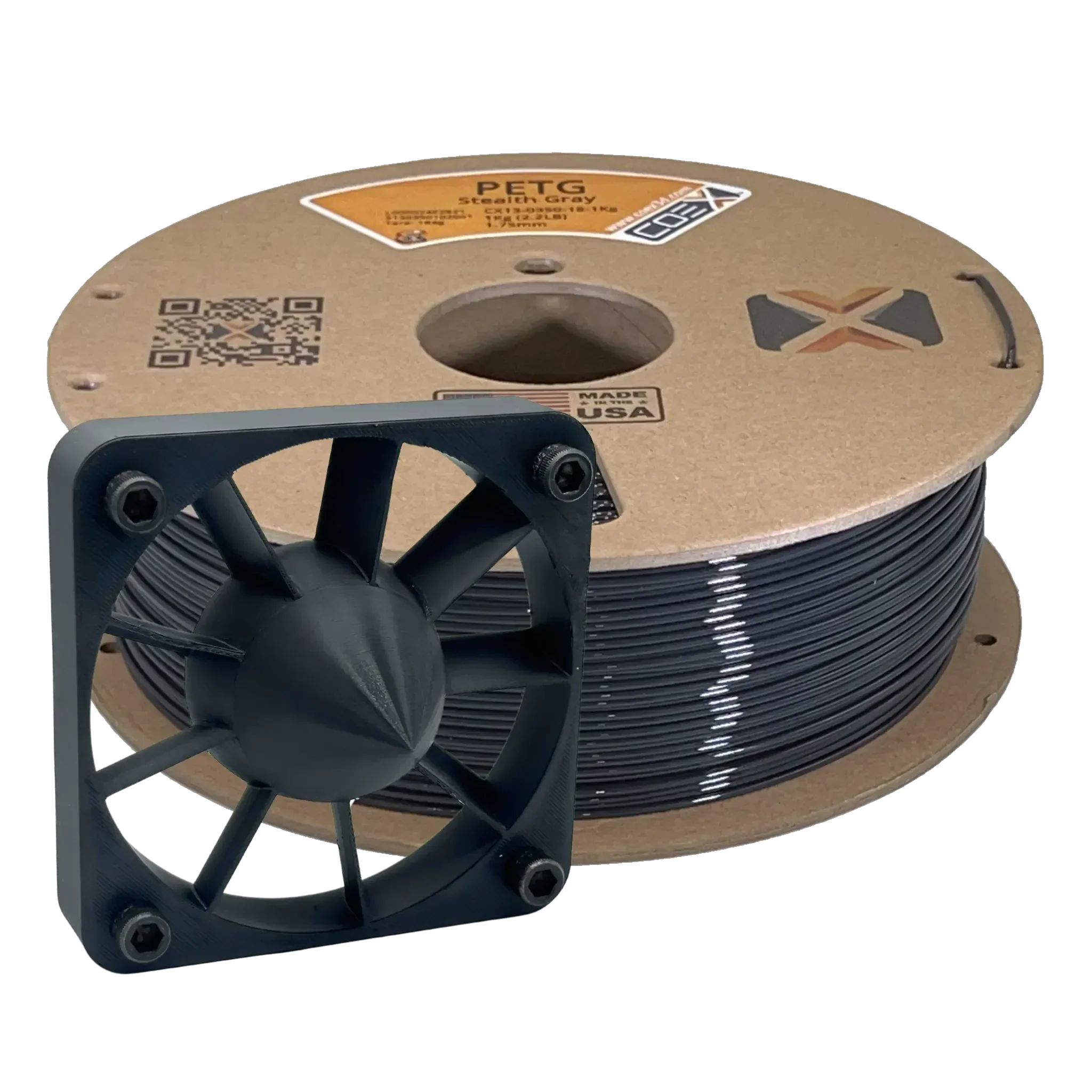 Stealth gray PETG 3D printer filament spool with 3D printed fan part