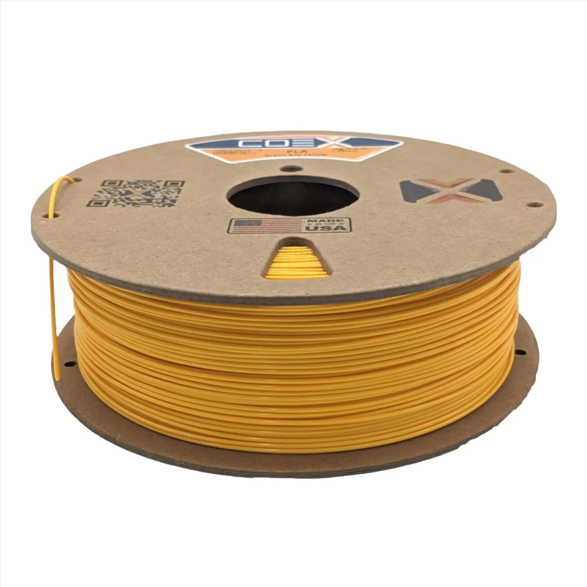 Yellow PLA 3D printer filament spool marked COEX, made in USA, on white background
