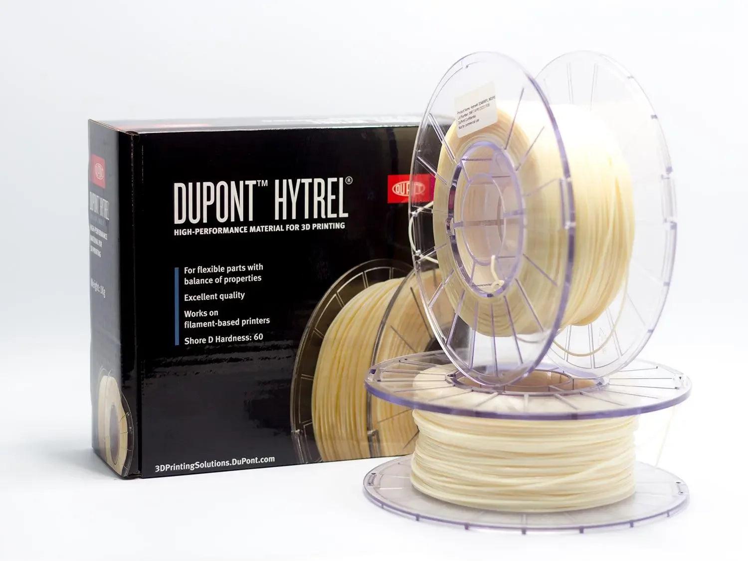 DuPont Hytrel 3D printing filament spools and packaging on white background