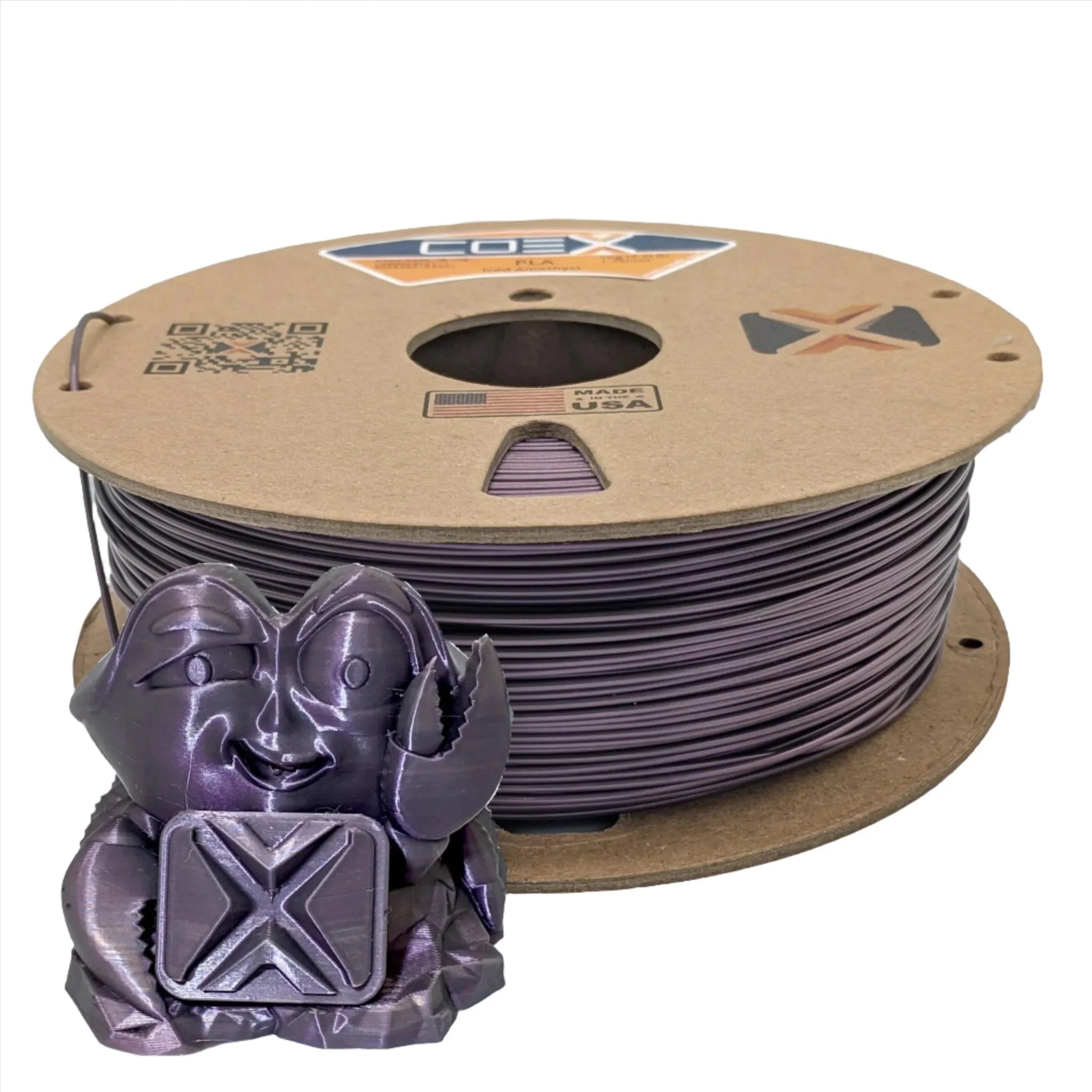 Iced Amethyst PLA 3D printer filament spool with a purple 3D printed figure in front