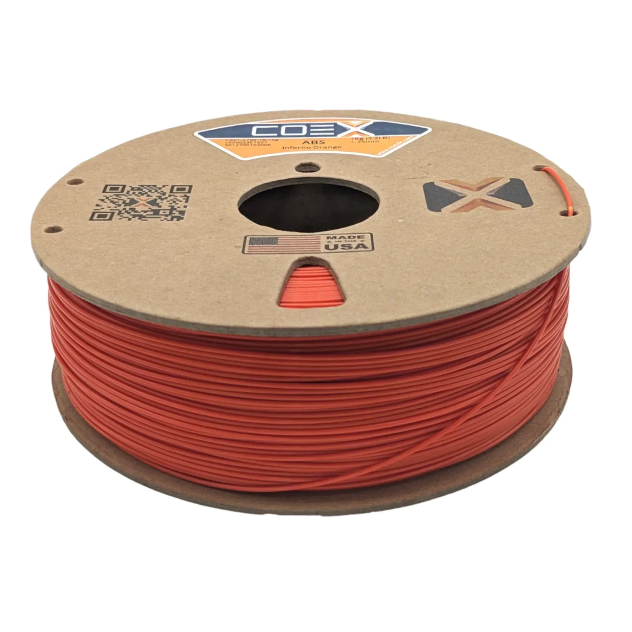 Inferno Orange ABS 3D printer filament spool with cardboard packaging, Made in USA