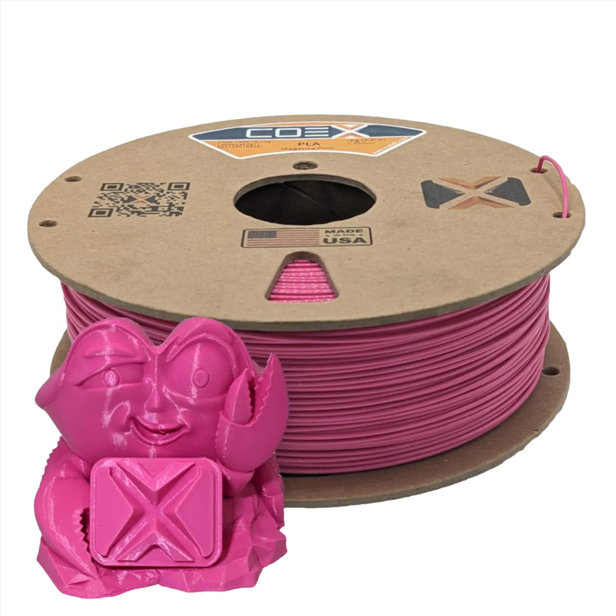 Magenta pink PLA 3D printer filament spool with a magenta 3D printed crab figure