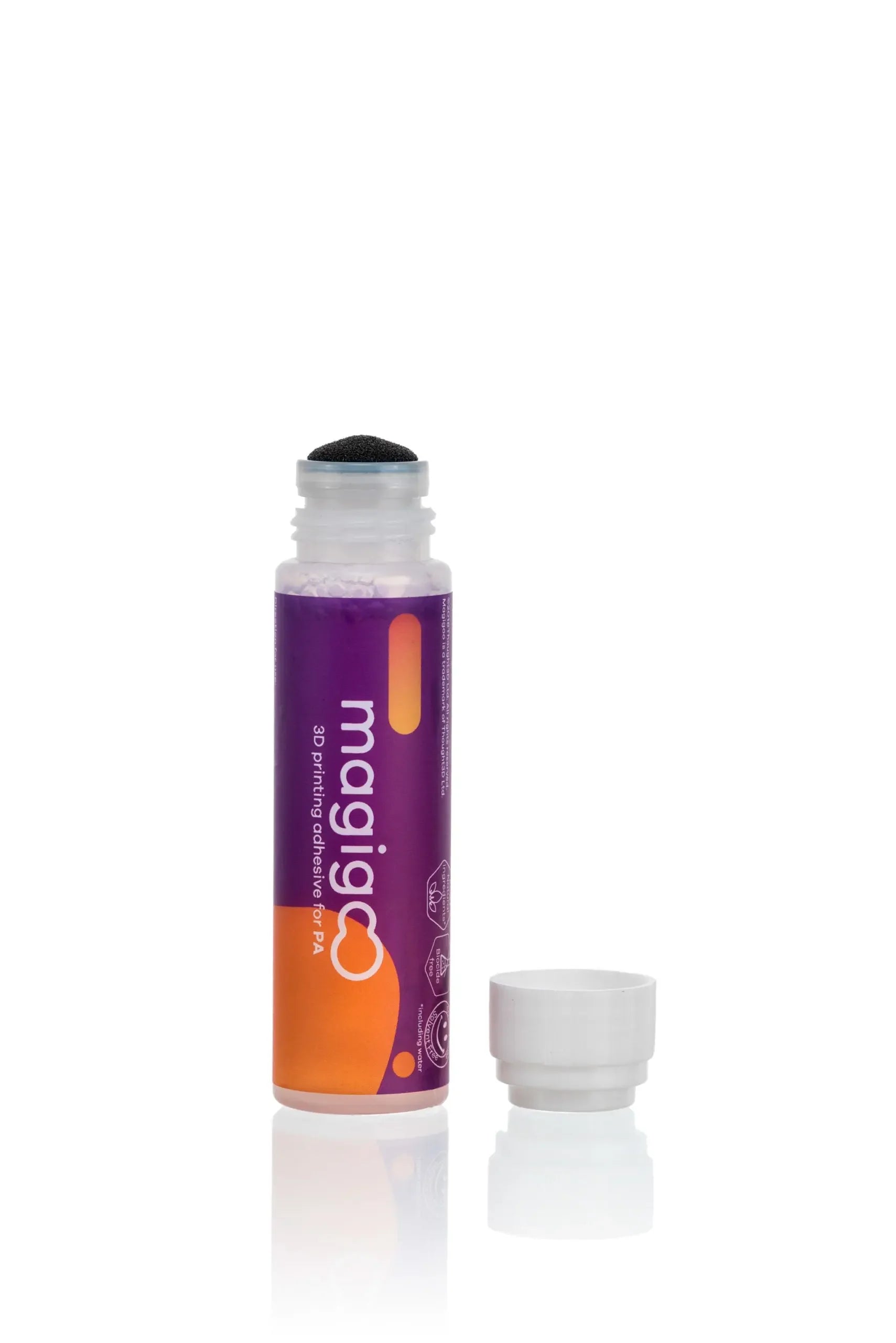 Magigoo PA 50ml 3D printing adhesive bottle with purple and orange label, cap off