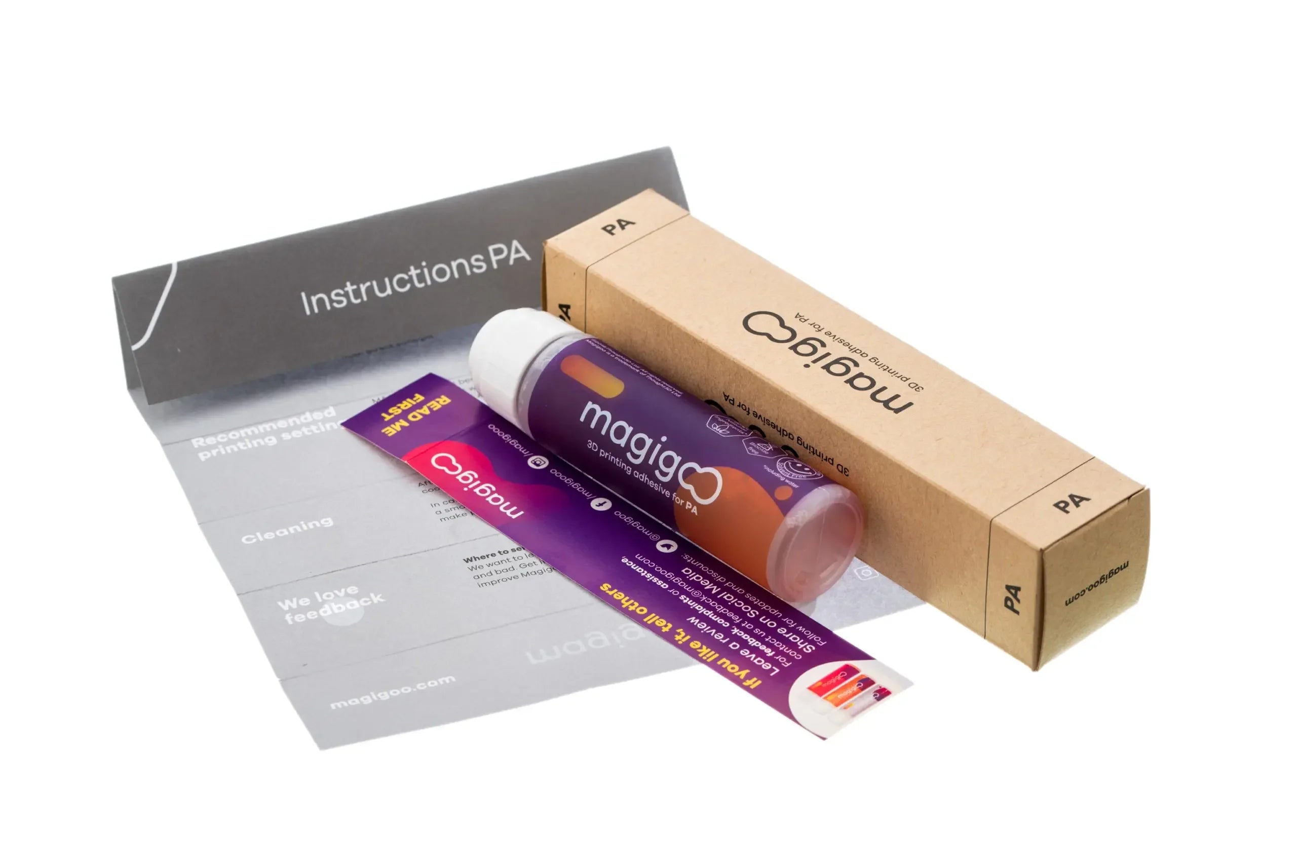 Magigoo PA 3D printing adhesive 50ml with box, instructions, and leaflet on white background
