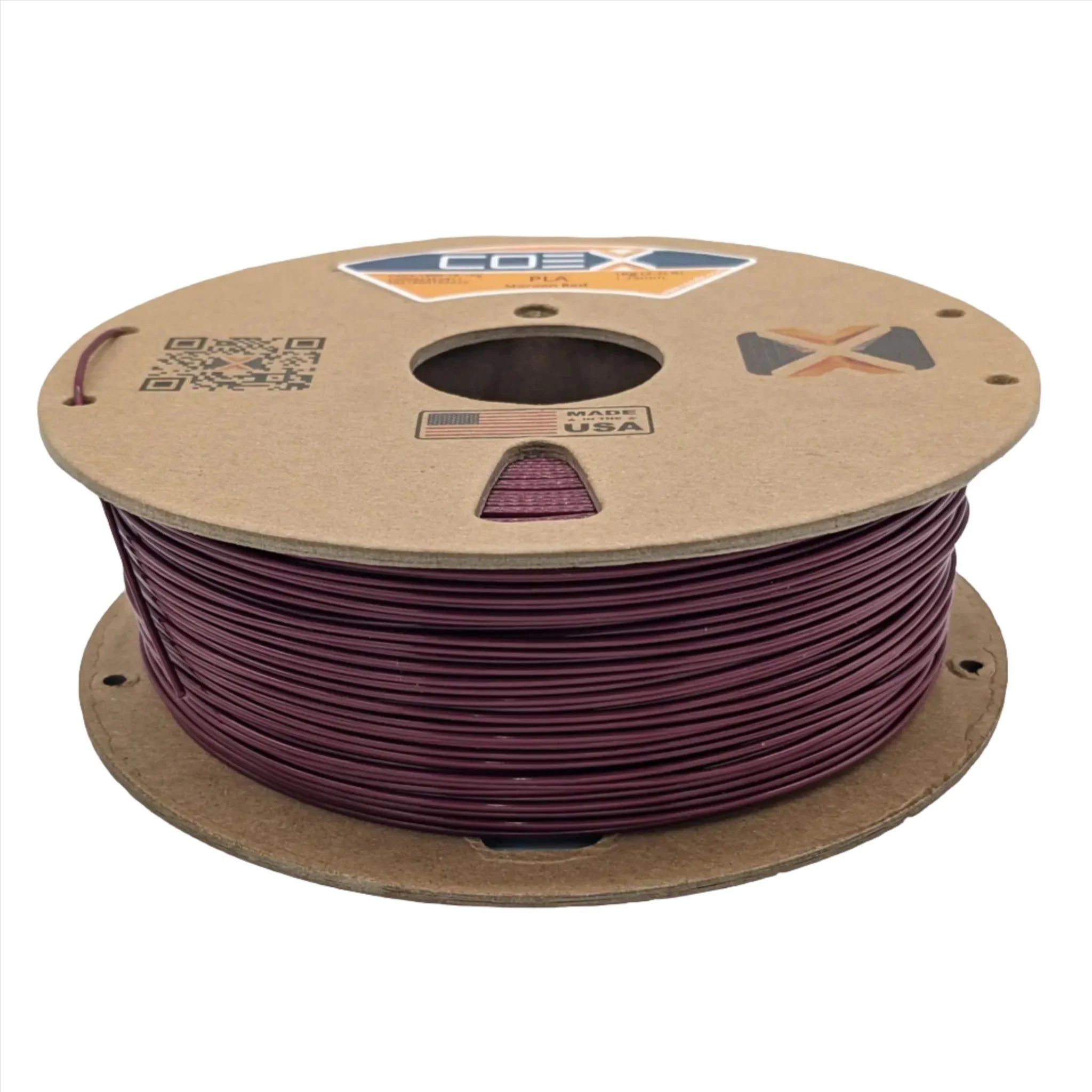 Maroon red PLA 3D printer filament spool, cardboard reel, COEX 3D, made in USA