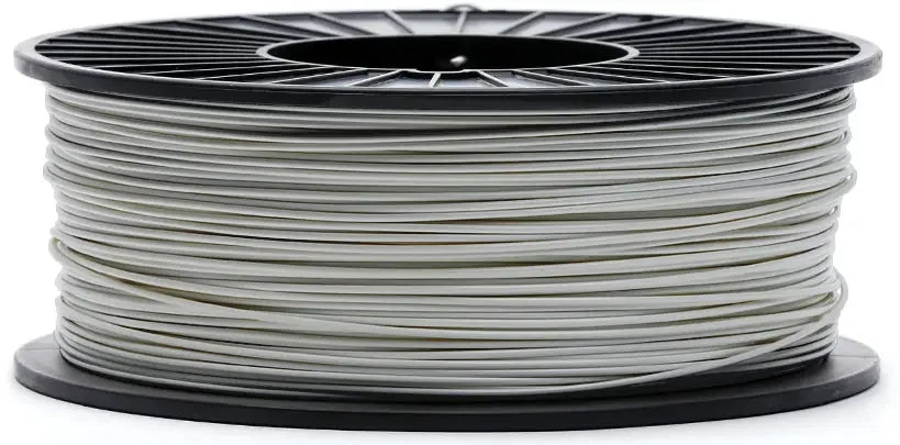 Metallic silver ABS 3D printer filament spool on black plastic reel