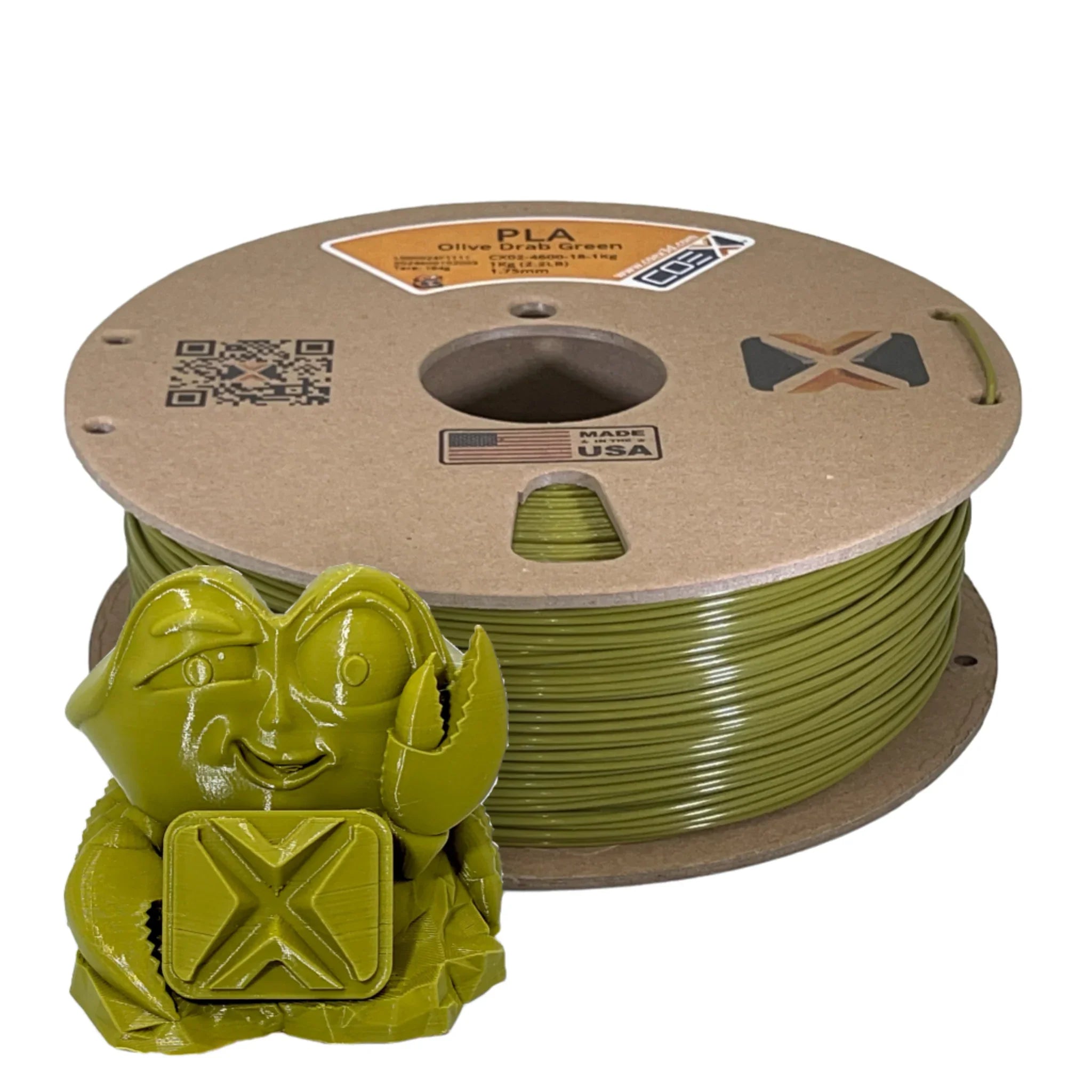 Olive drab green PLA 3D printer filament spool with crab figurine print in front