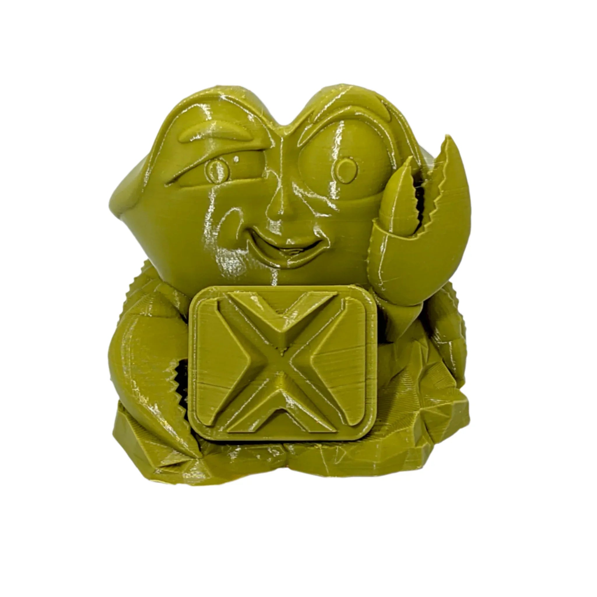Olive drab green 3D printed crab figurine with claws and a box on its front