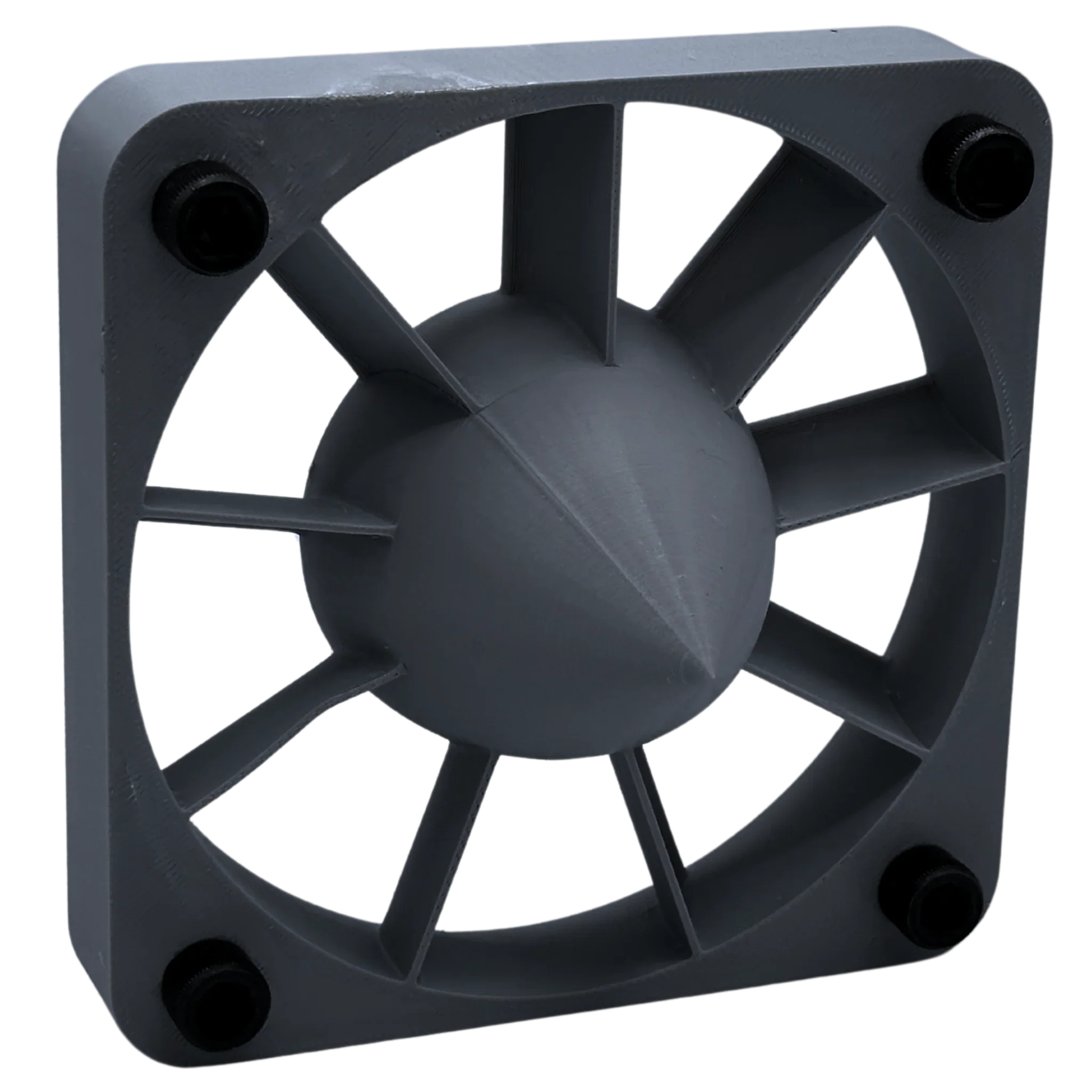 Gunmetal PETG 3D printed fan grill with geometric center and four screw holes