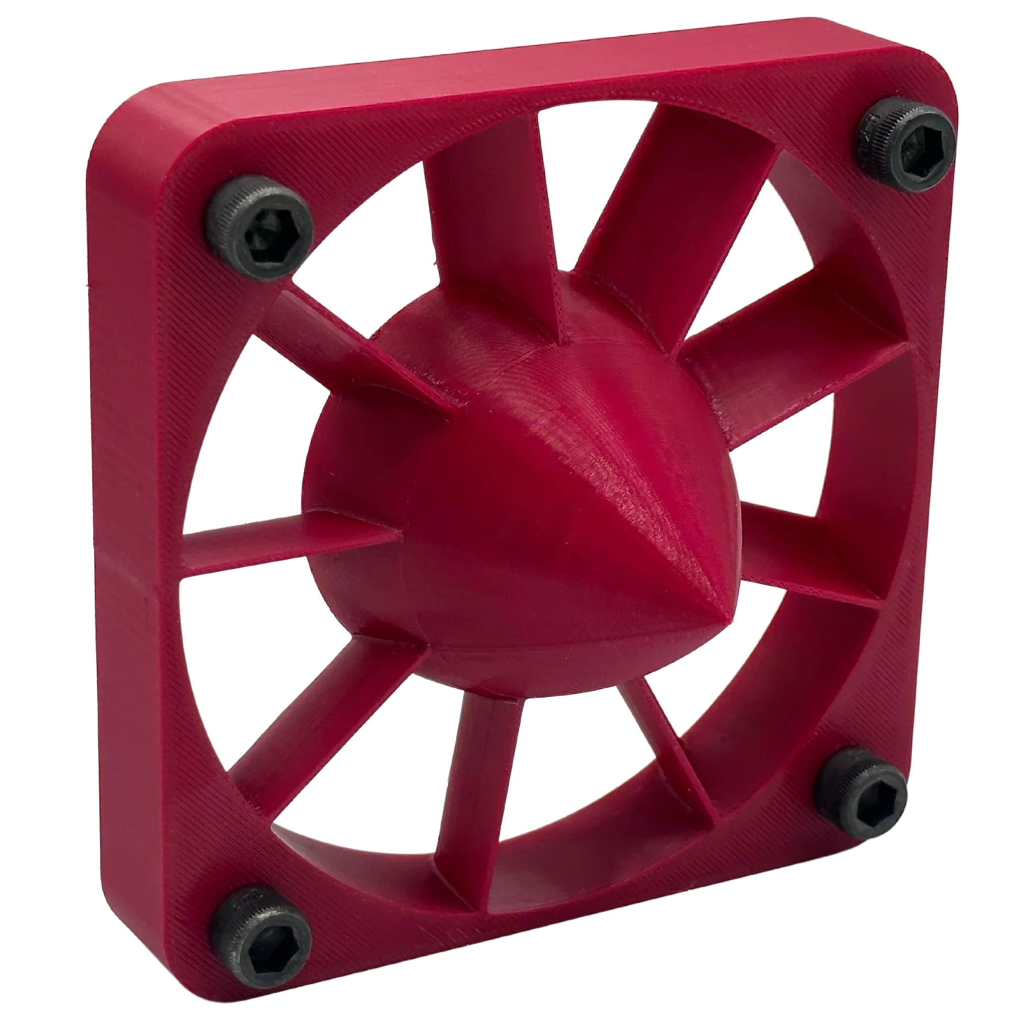Red 3D printed PETG fan duct part with conical center and mounting screws