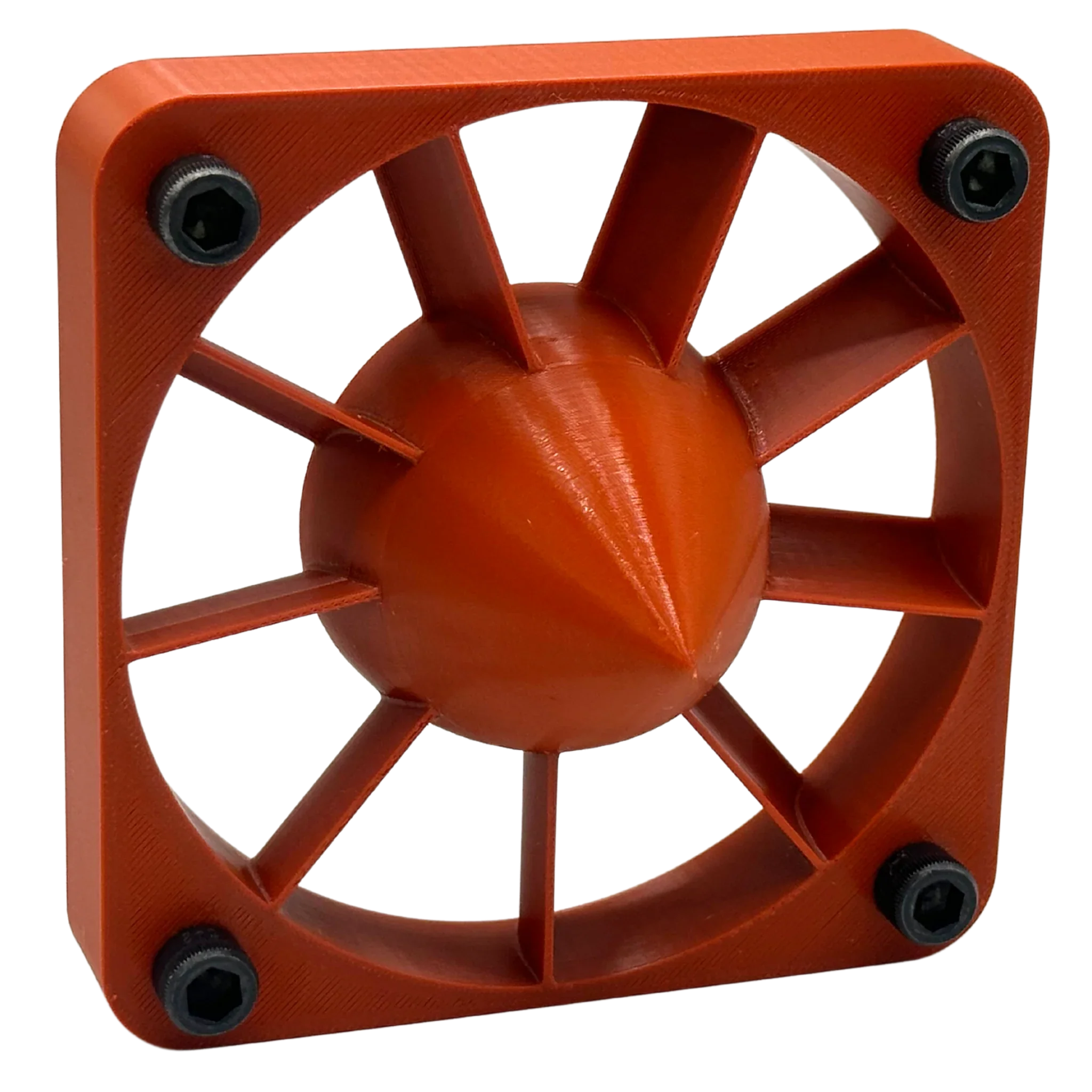 Rust-colored PETG 3D printed fan guard with hex screws