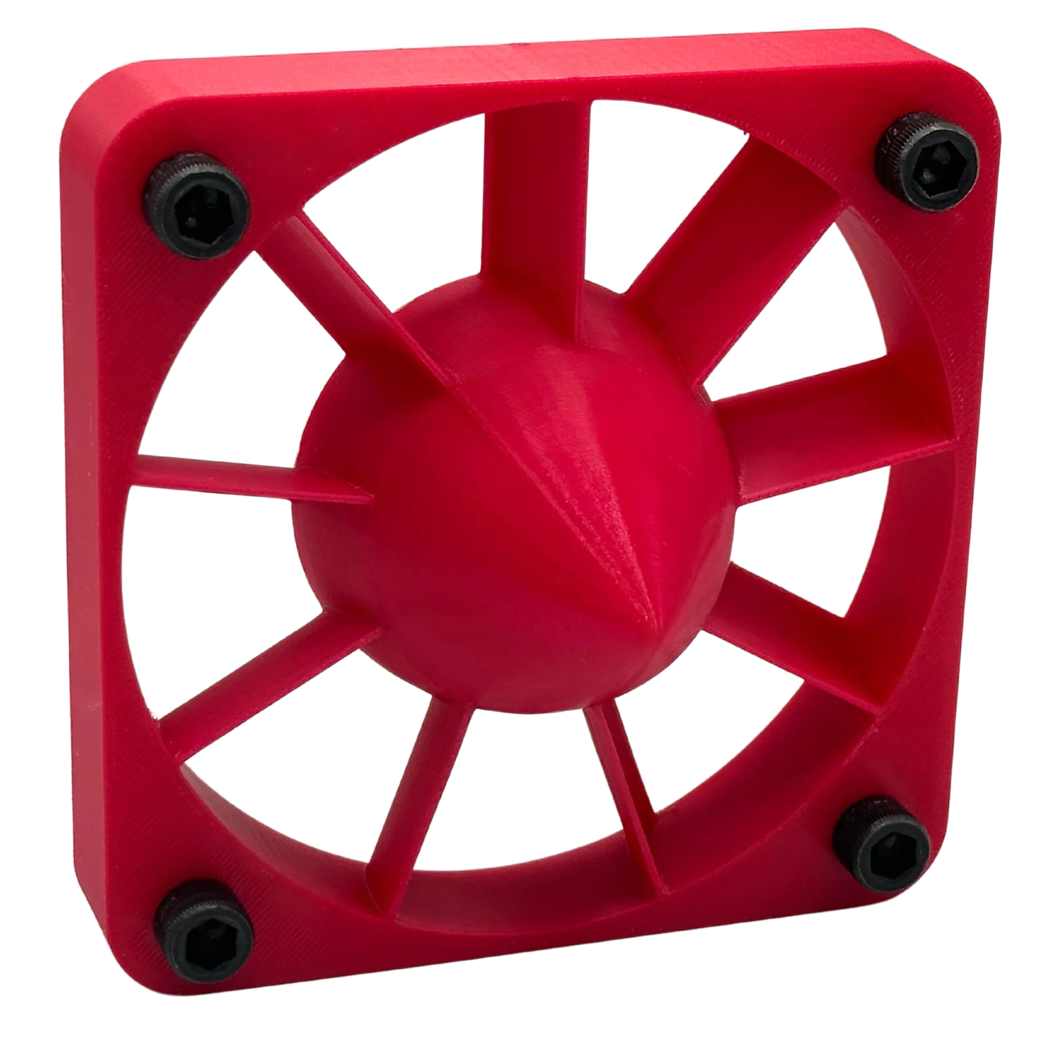 Red PETG 3D printed fan guard with screws, square frame, and radial support spokes